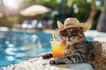 Poster - Tropical resort, swimming in a pool and a vacation. The cat wearing sungrasses and drinking a cocktail