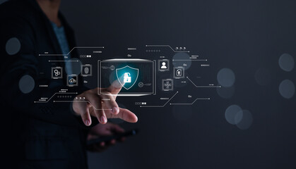 Cyber ​​security, data protection privacy, firewall security concept.Businessman touch display protecting personal information with virtual screen interface on internet technology network connection