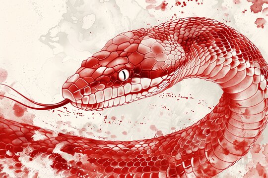 2025 Chinese New Year of the snake. Traditional Chinese art drawing of a white and red snake.