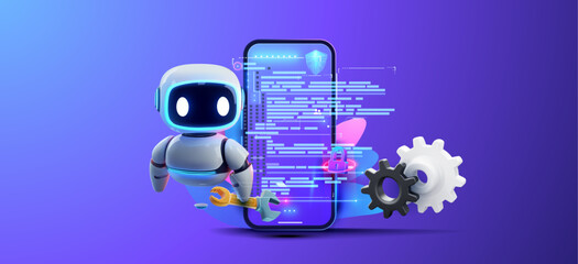 Poster - Robot interacting with a smartphone that displays digital code, set against a dynamic purple background with digital icons and gears.  Futuristic Robot with Smartphone Displaying Code. Vector