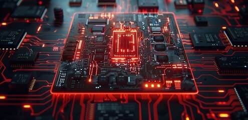 Wall Mural - An illustration of a black processor chip with bright red circuit lines, an advanced future technology concept