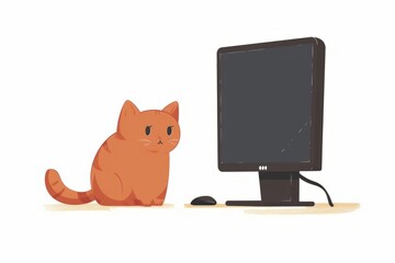 Cute cartoon cat looking at a computer monitor