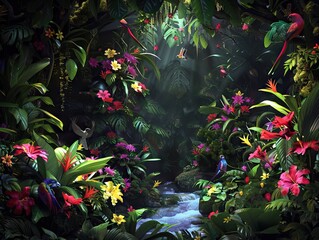 Wall Mural - Dark rainforest sun rays through the trees and birds digital illustration. AI generated illustration.