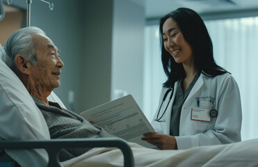 A nurse in a white coat with green accents is smiling while holding an iPad and standing next to the bed of her elderly patient who has gray hair, lying on his back in a hospital room.