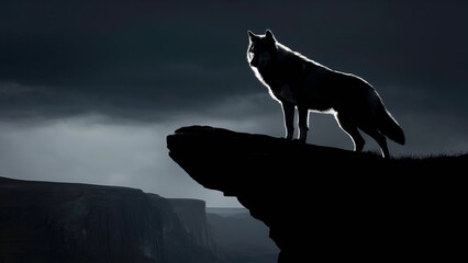 A breathtaking silhouette of a majestic wolf perched atop a dramatic cliff overlooking a vast landscape