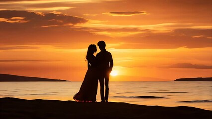 Wall Mural - Photo real as Romantic Sunset Escape concept as Picture a couple silhouetted against a vibrant sunset in a tranquil landscape. Their love is illuminated by the warm hues of twilight. in  Photo Stock  