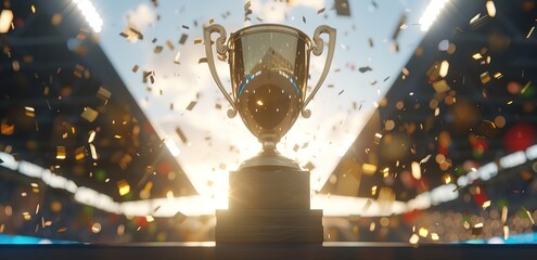 a golden yellow trophy with a blur effect background and light beams from behind