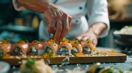 Wall Mural - A chef is preparing sushi rolls with a variety of ingredients, including avocado