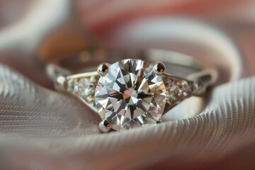 Poster - Closeup of a sparkling diamond ring nestled on a luxurious satin texture