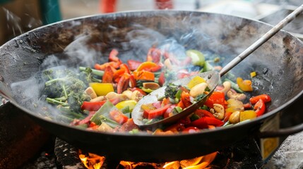 Wall Mural - Colorful Stir-Fry Sizzling in a Wok - Fresh Vegetables and Spices Cooking to Perfection