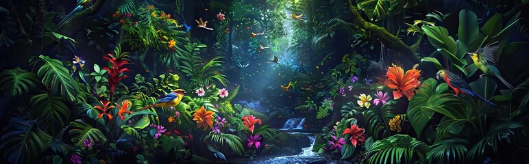 Wall Mural - Dark rainforest sun rays through the trees and birds digital illustration. AI generated illustration.