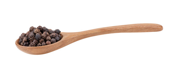 Wall Mural - Black pepper corns in wood spoon isolated on transparent png