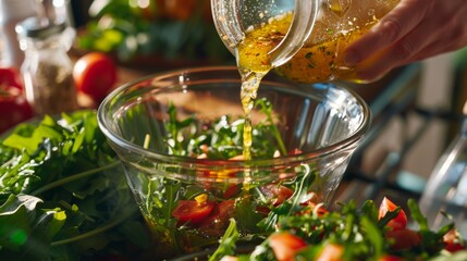 Wall Mural - Fresh and Colorful Salad Being Drizzled with Homemade Vinaigrette Dressing in a Sunlit Kitchen