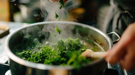 Wall Mural - Enhancing Flavor - Fresh Herbs Added to Simmering Pot of Soup