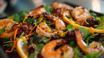 Canvas Print - Close-up of a seafood salad with mixed greens, grilled octopus, shrimp, and citrus vinaigrette