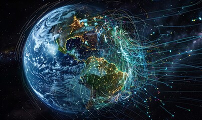 Wall Mural - A digital matrix of data streams swirling around the Earth, illustrating the omnipresence of technology in shaping our global social interactions