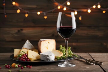 French cheese plate and a glass of wine for buffet party