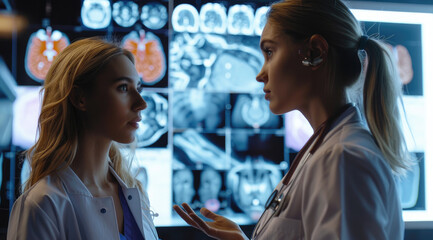 Sticker - medical professionals were discussing images on an interactive screen displaying panoramic brain scan visuals.