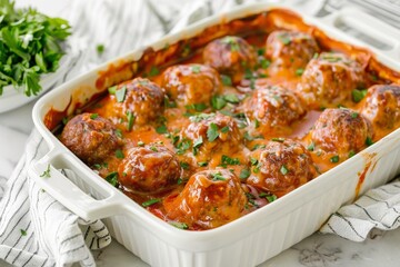 Closeup of a White Baking Dish Filled With Meatballs and tomato Sauce