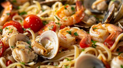 Sticker - Close-up of seafood linguine pasta with clams, shrimp, and cherry tomatoes in a white wine sauce