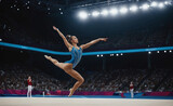 Professional gymnast woman performing an acrobatic trick. Female athlete displaying her flexibility, balance, and strength while executing a gymnastics routine during sport competition or championship