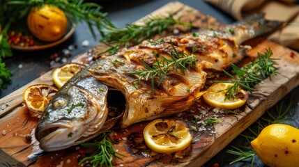 Sticker - Freshly grilled whole fish with lemon slices and herbs, served on a wooden cutting board