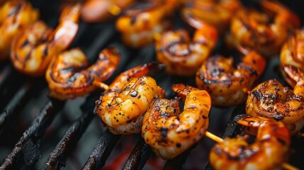 Wall Mural - Close-up of succulent grilled shrimp skewers on a barbecue grill, charred and seasoned to perfection