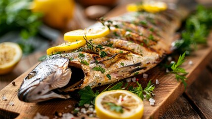 Wall Mural - Freshly grilled whole fish with lemon slices and herbs, served on a wooden cutting board