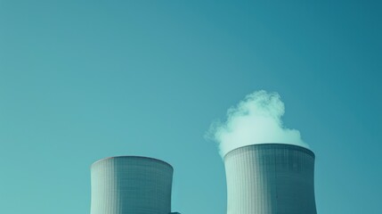 Minimalist composition of a nuclear power plant against a clear sky, ideal for copy space stock 