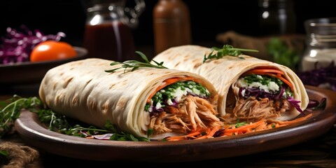 Wall Mural - Succulent Pulled Pork Burrito Served on a Rustic Plate. Concept Food Photography, Succulent Pulled Pork, Burrito, Rustic Plate, Culinary Art