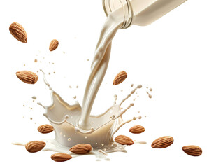 Poster - Delicious almond milk pouring and splashing with almonds, cut out