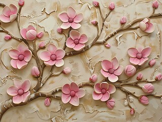Wall Mural - 3d picture of a tree with pink flowers background for digital printing wallpaper, custom design wallpaper. AI generated illustration