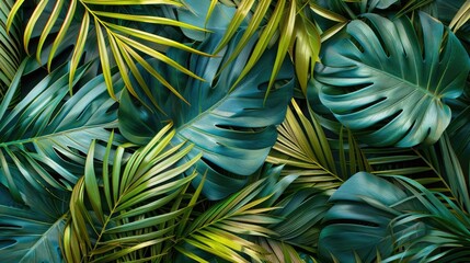 Sticker - Close-up of overlapping tropical palm leaves creating a natural pattern