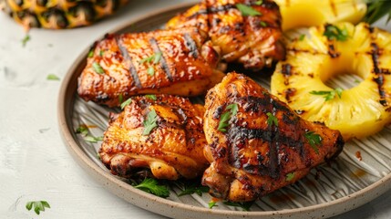 Canvas Print - Grilled chicken thighs with crispy skin served on a plate with grilled pineapple slices