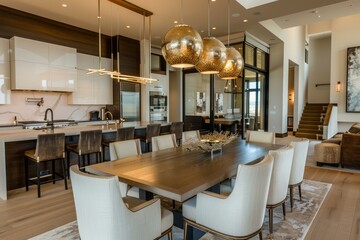 Sticker - Elegant interior design of a spacious kitchen and dining area in a highend home