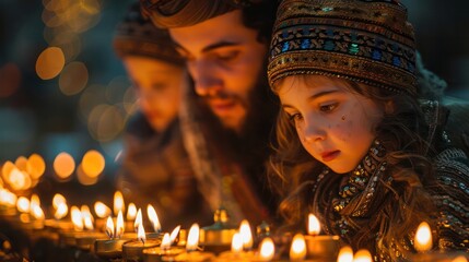 Families lighting menorahs at Hanukkah, Israel.