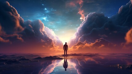 Silhouette of alone person looking at heaven. Lonely man standing in fantasy landscape with shining cloudy sky. Meditation and spiritual life.