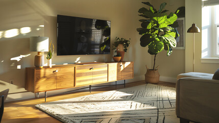 Poster - Modern Living Room with Natural Light and Greenery.