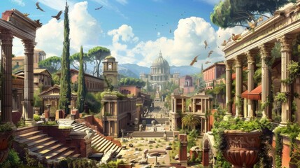 Wall Mural - illustration of ancient Rome with a blue sky and greenery