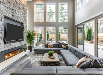 Modern living room with long grey sofa