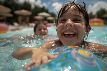 Portrait of latin boy playing with a ball in a pool smiling on a sunny summer day.