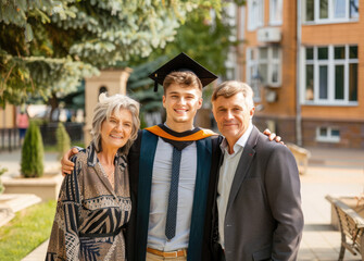 Wall Mural - Handsome young man in graduation gown and cap stands with his parents, hugs mom dad on the campus