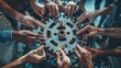 © Fitriyani - Gear cog business wheel team teamwork hand concept people office together unity group. Work gear business worker cog power industry meeting solution cooperation man company technology innovation view.