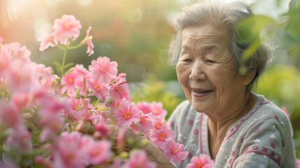 Wall Mural - Asian woman with flowers and blooming garden plants.