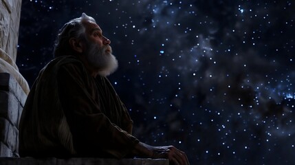 Abraham sitting on step gazing at starry night sky, faith and reflection in biblical history