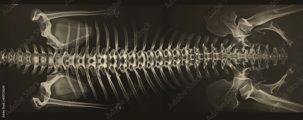 Detailed feline skeletal radiograph, highlighting spine and ribcage ...