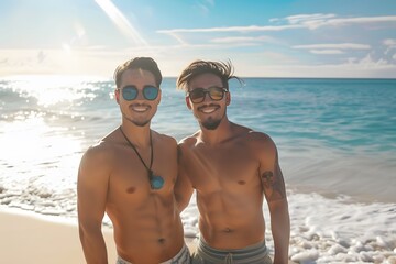 Two happy male friends standing on the beach 