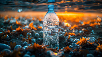 An underwater photograph plastic waste, including bags bottles, floating amidst marine life