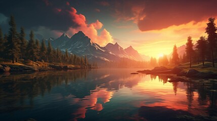 sunset in the mountains at a calm lake that creates a perfect reflection.