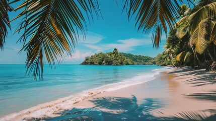 Wall Mural - Beautiful Tropical Beach with Palm Trees and Coconut Trees by the Sea